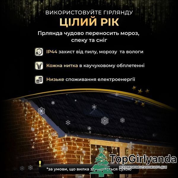 Бахрома вулична 200 LED 12 метрів від мережі, Теплий білий 12MWY фото