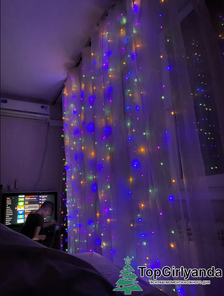 Штора роса USB, 3х3 метри, 300 LED, Різнокольоровий 0019 фото